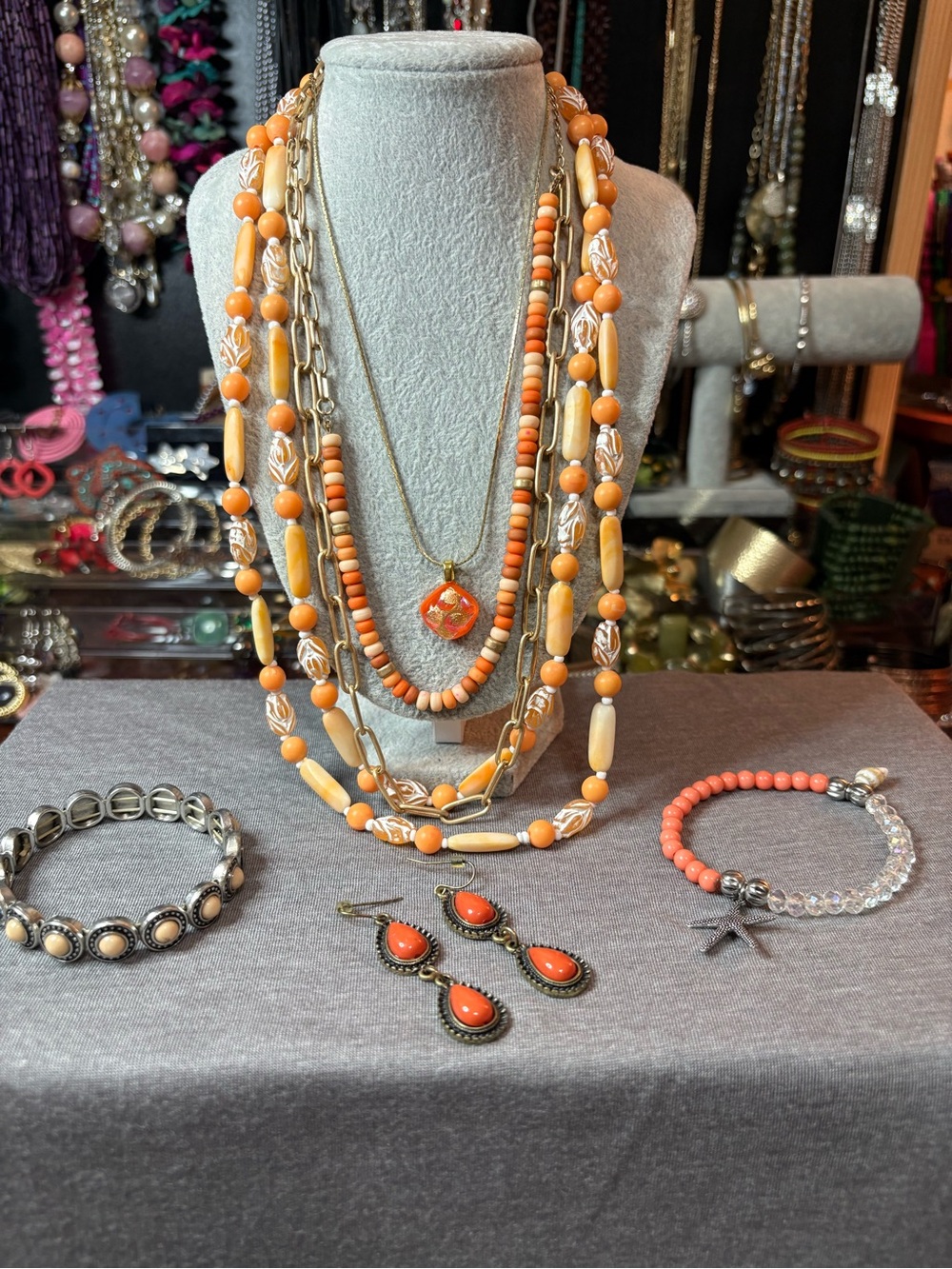Autumn Sunset Jewelry Lot Orange Gold Tone Necklaces Bracelets Earrings Set